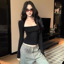 辣妹风黑色收腰长袖T恤女秋季新款潮方领修身显瘦打底衫跨境批发