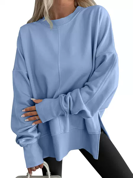 European and American Cross-Border Amazon Temu Hot-Selling Loose Sweatshirt with Side Slits, Patchwork, Round Neck, Batwing Sleeves, and Fleece Lining