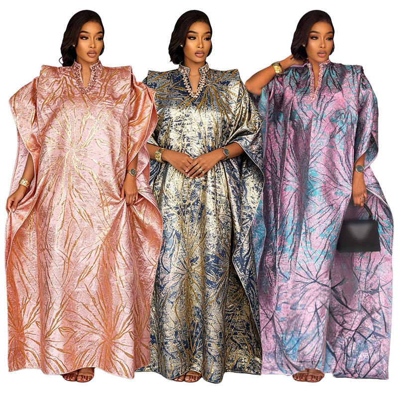 Amazon's New Autumn and Winter Cross-Border European and American Foreign Trade Aliexpress V-Neck Rhinestone Embellished Robe Women's Plus-Size Dress