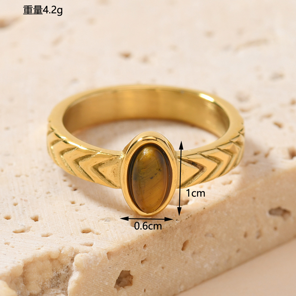 Diseño transfronterizo, fundición ovalada, piedra natural, anillo de acero de titanio, hermosa moda, joyería de acero inoxidable chapada en oro de 18k image 4