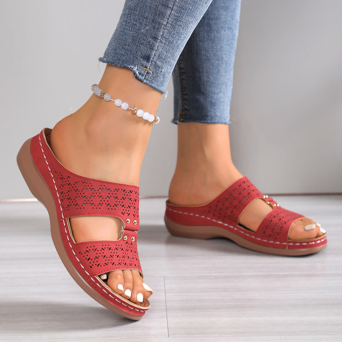 Sandalias de cuña wish amazon para mujer 2025 verano nuevo estilo comercio exterior gran tamaño casual una palabra sandalias romanas huecas