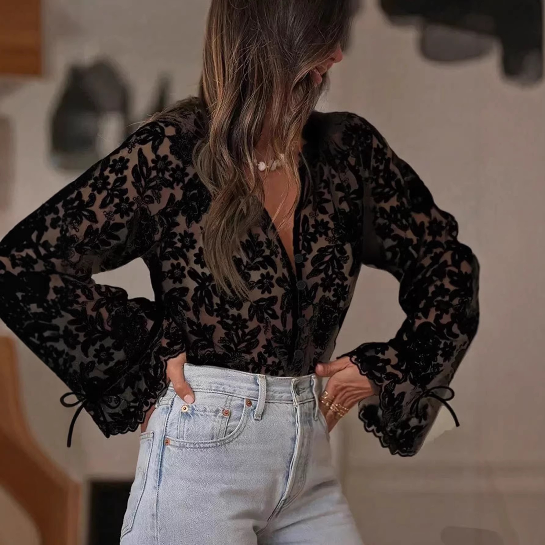European and American Cross-Border 2026 Summer New Foreign Trade Women's Fashion New Hollow-Out Casual Lace Shirt Lace Blouse for Women