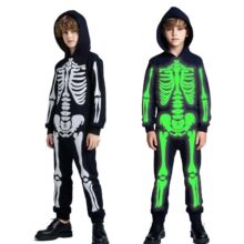跨境万圣节儿童服装骷髅骨架白色夜光鬼衣扮演连体连帽cos衣服饰