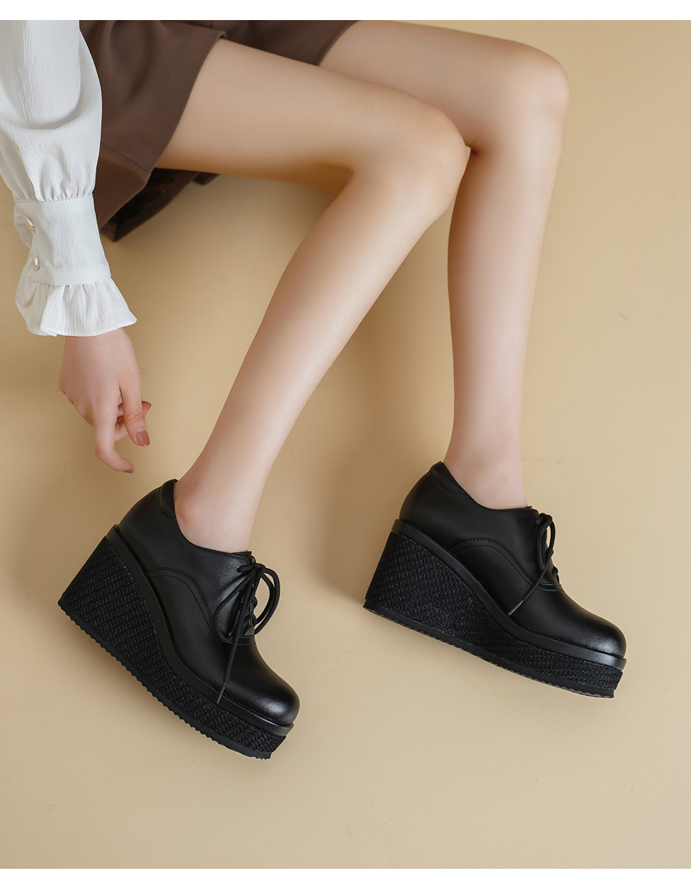 Giày loafer nữ đế xuồng platform da thật buộc dây, gót cao 9 cm — màu đen, màu trắng ngà chi tiết 11
