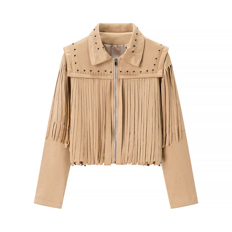 European and American Autumn and Winter Women's Clothing Export Cross-Border Supply Bohemian Style Rivet Decorated Tassel Leather Zipper Jacket Jacket
