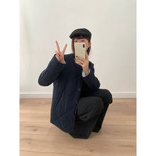 易恩欧inbyin绗缝菱格棉服女装中长款夹棉外套冬季圆领轻薄棉衣女