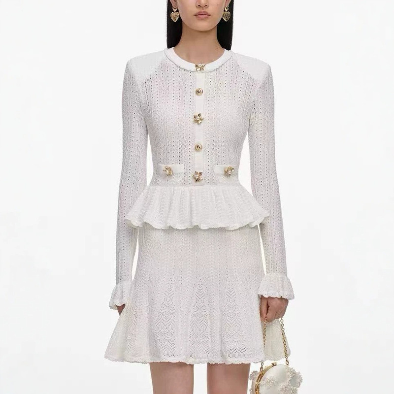 SP French-style design with an elegant and sophisticated vibe, jacquard hollow-out faux two-piece long-sleeve knitted dress