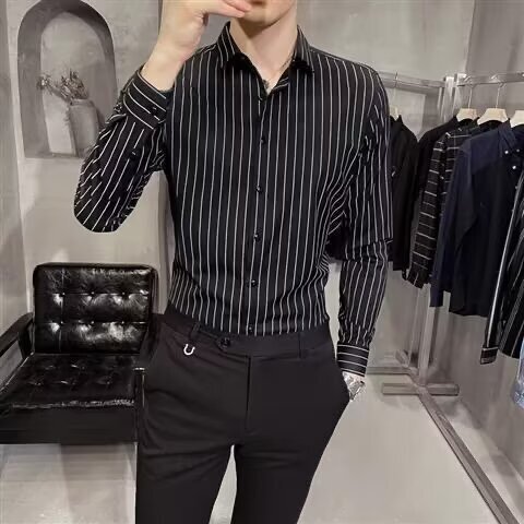 2026 Spring New Style British Style Striped Shirt Men's Korean Style Trendy Slim Fit Men's Long-Sleeved Shirt Business Formal Wear 2026 Spring New Style British Style Striped Shirt Men's Korean Style Trendy Slim Fit Men's Long-Sleeved Shirt Business Formal Wear