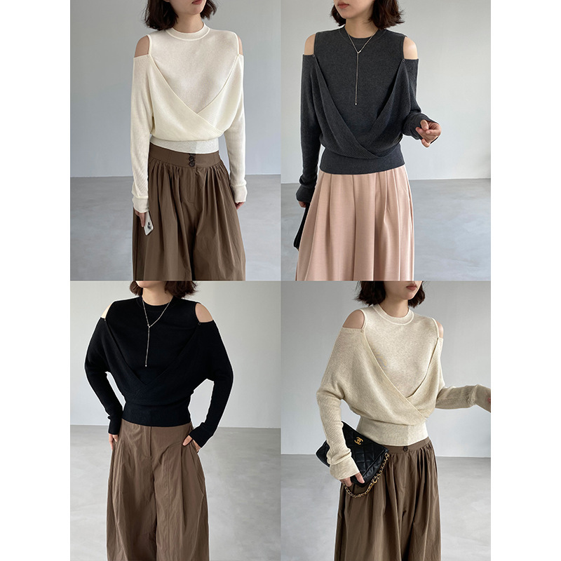 Jiangzuo Korean-style casual off-shoulder asymmetrical cross-knit sweater for women, early autumn 2026 new fashionable top H2803 Jiangzuo Korean-style casual off-shoulder asymmetrical cross-knit sweater for women, early autumn 2026 new fashionable top H2803