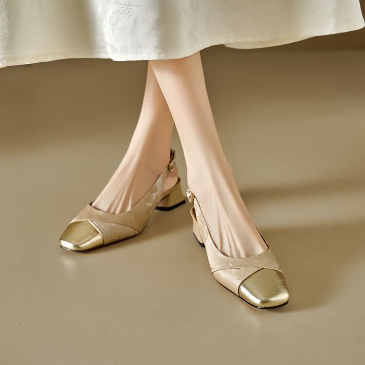 Sandal bít mũi nữ da bò phối màu gót thô 5 cm — Màu xanh lá, Màu mơ chi tiết 51