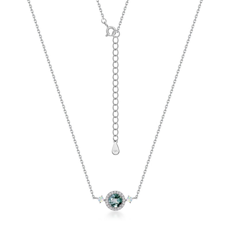 Collar de ágata de hierba de agua natural de lujo ligero clásico transfronterizo femenino S925 plata con incrustaciones de musgo verde cadena de clavícula lujo ligero
