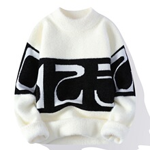 2024秋冬季水貂绒保暖针织衫男士上衣 韩版潮流休闲拼色男毛衣黑