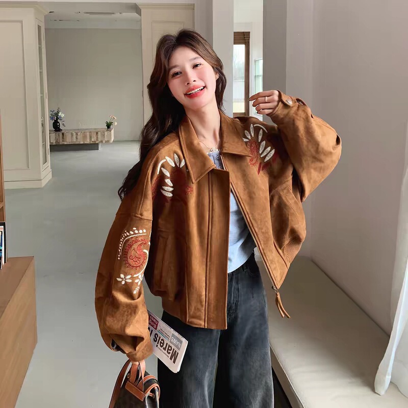 Brown Suede Short Jacket for Women 2026 Autumn and Winter New Style Embroidered Design Niche Loose Casual Lapel Jacket Brown Suede Short Jacket for Women 2026 Autumn and Winter New Style Embroidered Design Niche Loose Casual Lapel Jacket