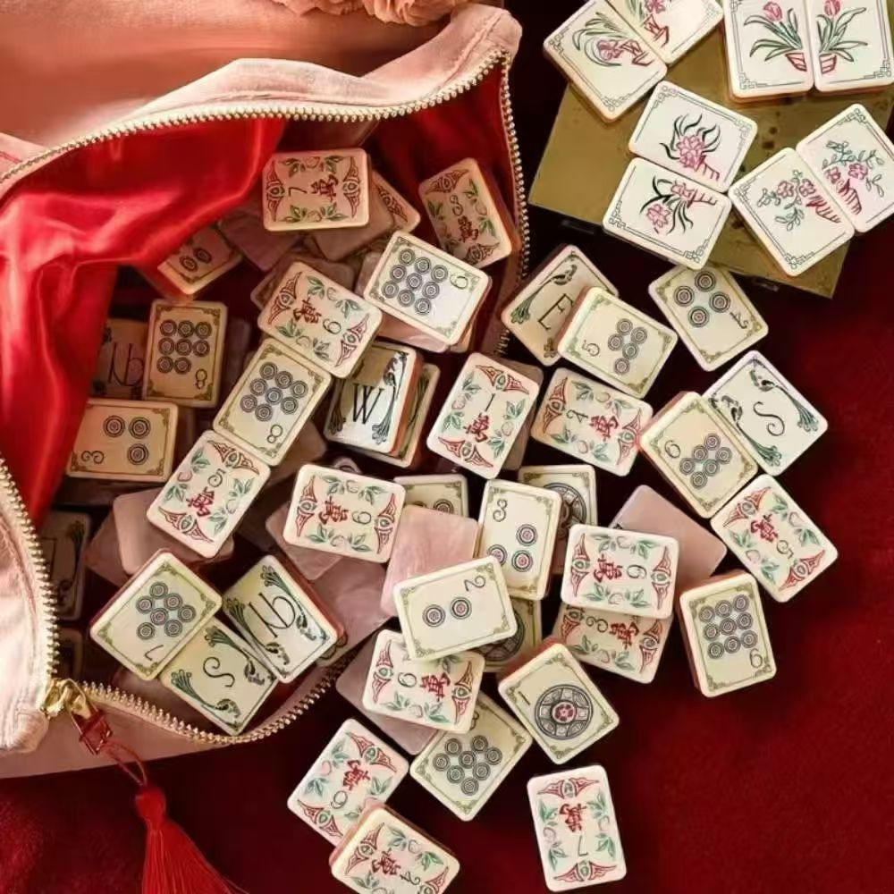 Cross-Border Hot-Selling Item: Flashy Pink Water-Patterned Three-Layer Acrylic Classical Floral Eight Immortals Design, Vibrant Red Garden American-Style Mahjong Tiles