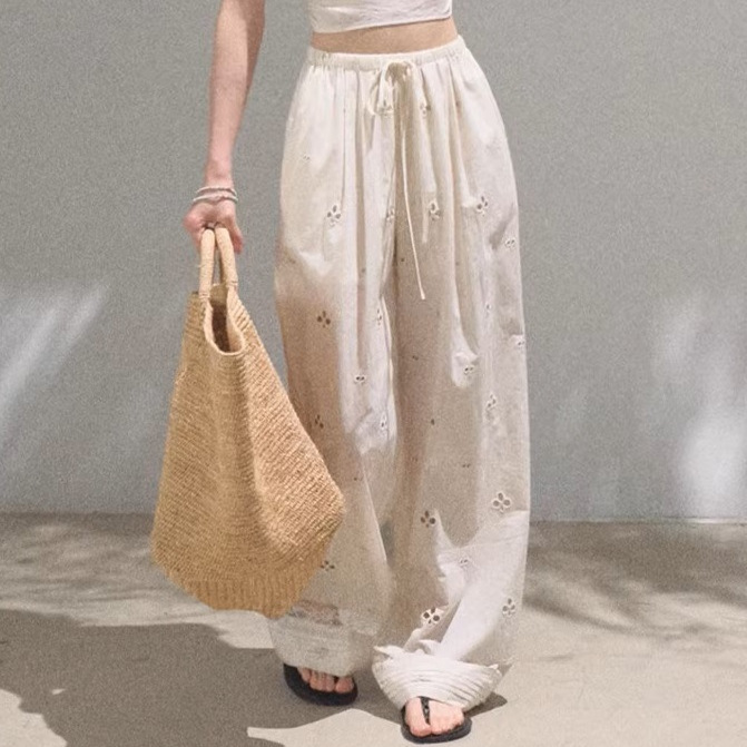 Oakmo/ "Love Letter to Yourself" Cotton Cashew Flower Hollow Embroidered Vacation Casual Drawstring Pants Summer