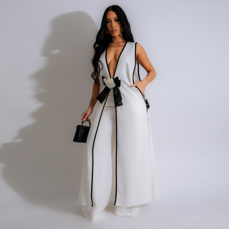Hot selling fashion European and American women's suit sexy camellia bow sleeveless long vest skirt wide leg pants suit