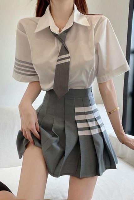 jk制服套装女夏季校园学院风时尚洋气衬衫减龄高腰百褶裙两件套