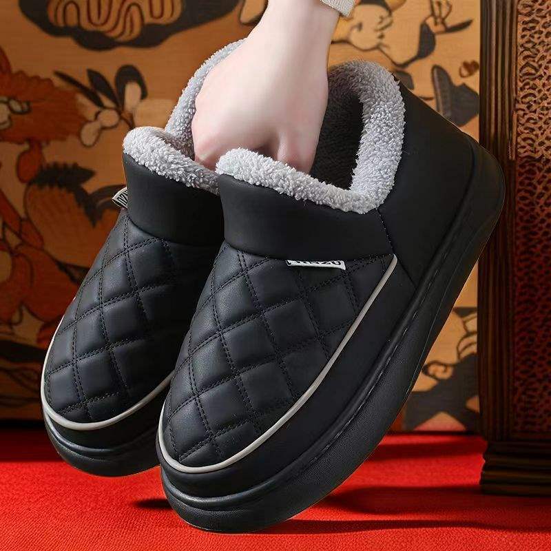 New Winter Cotton Slippers for Men and Women, with Added Fleece and Thickened Fur, Waterproof, Non-Slip, Closed Heel, High-Top Warm Shoes for Couples at Home