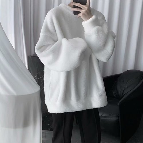 Winter Hong Kong-style lambswool hoodie for men, autumn round-neck design, loose fit, extra-thick and lined—stylish casual mixed-match outerwear perfect for couples.