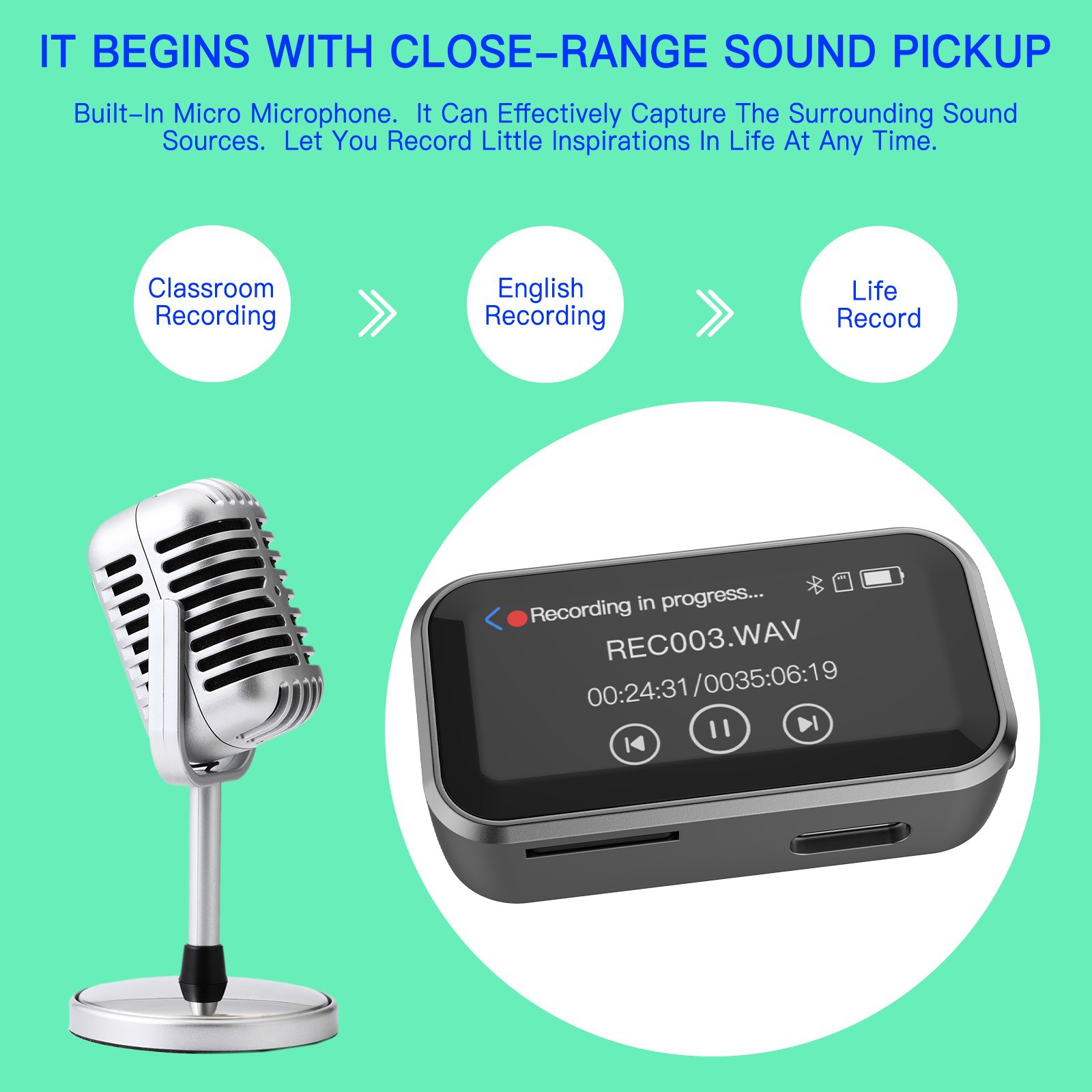 Mini e-book, mini MP3 player, mini recorder with Bluetooth, external FM radio