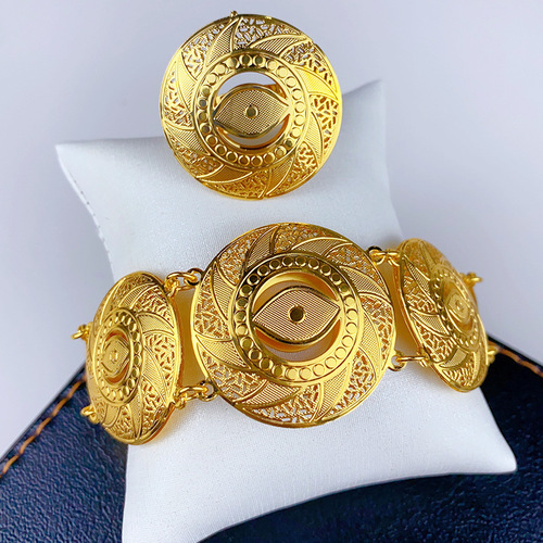 Best-selling open-mouth copper bracelet and ring set, Dubai bride gold-plated hollow bracelet and ring accessory wholesale