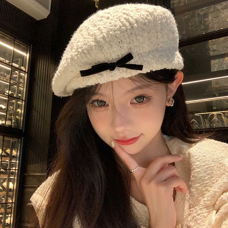 Bowknot lamb wool beret, a simple white painter's hat for autumn and winter, makes the face look smaller, fashionable and versatile, women's hat