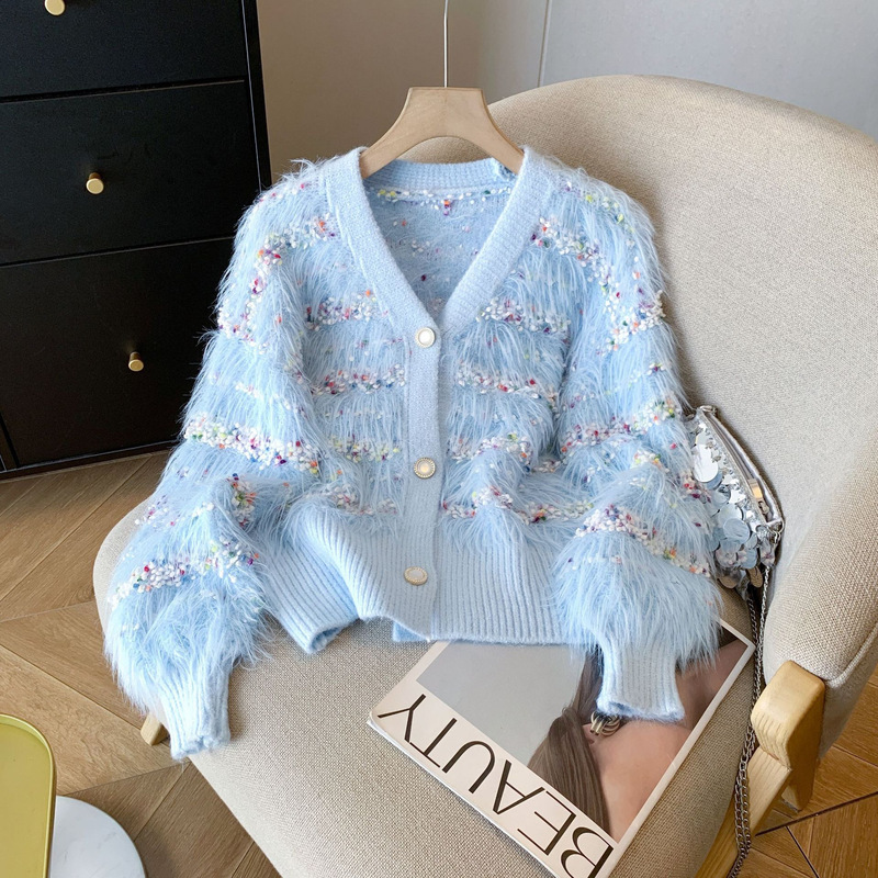 Imitation mink velvet color point sweater coat women's autumn and winter explosions loose lazy wind V-neck cardigan fashion soft waxy sweater