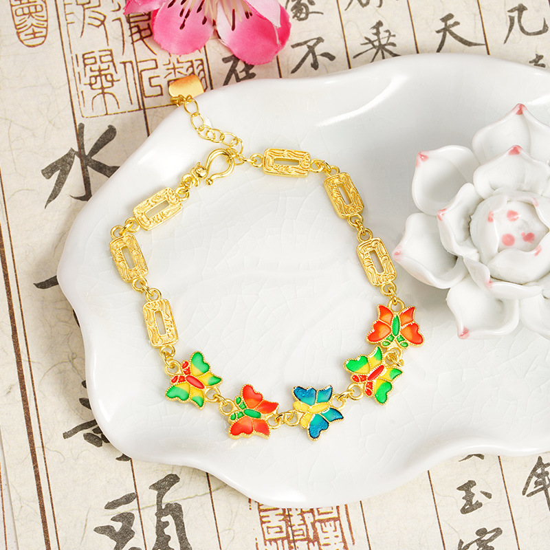 Guochao antiguo brazalete de oro de arena china esmalte de flores mariposa joyas de mano para mujeres simples no se desvanecen joyas