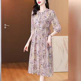 2026高档夏款妈妈装过膝连衣裙真丝气质时尚显瘦复古风印花女长裙