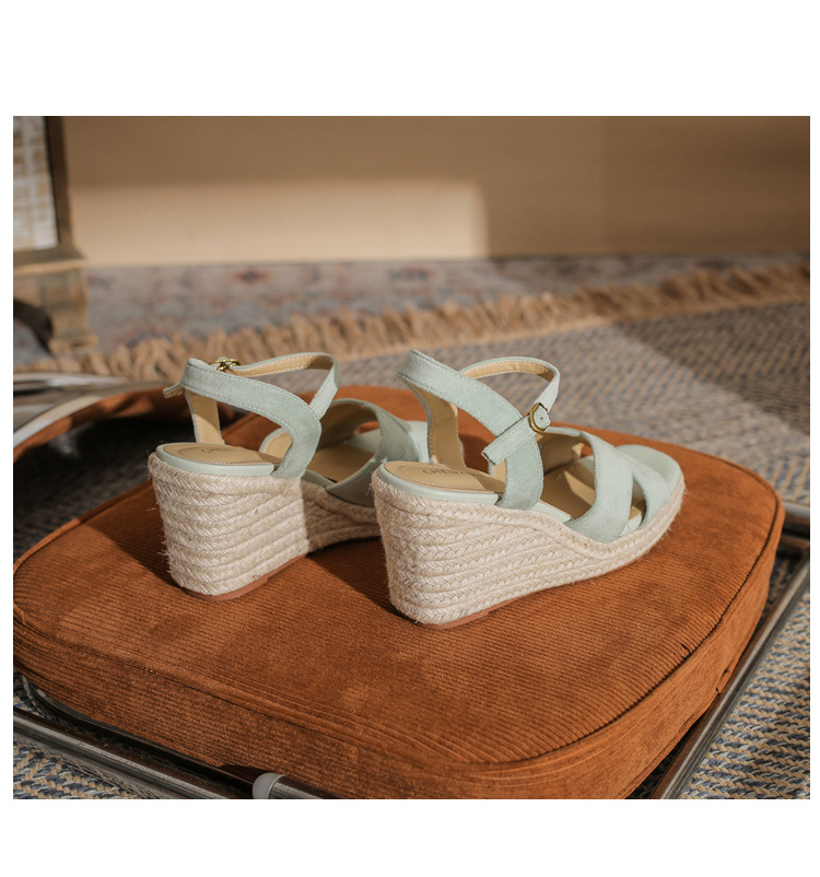 Sandal cao gót nữ hở mũi đế xuồng gót cao 9 cm, quai ngang đan dây thừng — Xanh lá cây nhạtcolor chi tiết 24