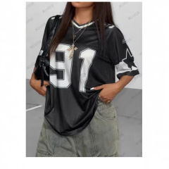 ヨーロッパとアメリカのストリートスタイルビッグナンバープリントVネックルーズTシャツホットガールヒップホップスポーツ速乾性多用途カジュアル半袖