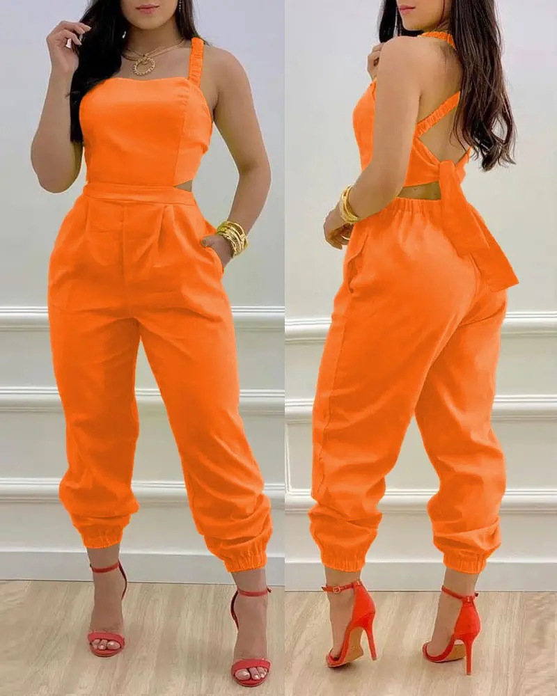 Spring/Summer Women's Suspender Backless Bow Print High Waist Jumpsuit