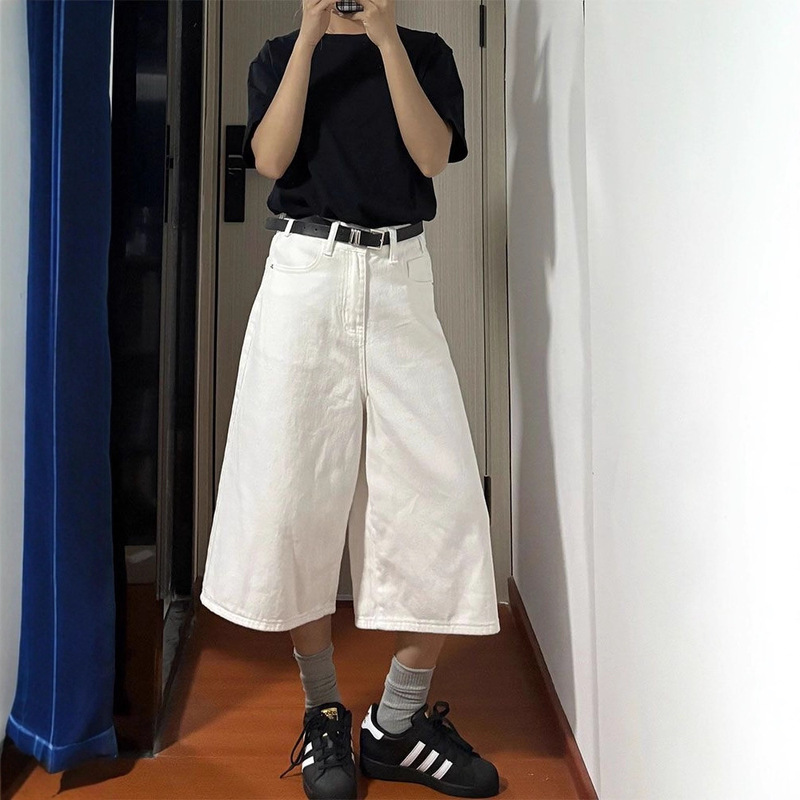 White Cropped Jeans for Women, Casual Versatile Loose Slimming High-Waisted Straight Wide-Leg Cropped Pants