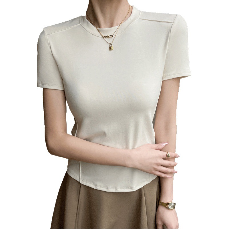 Q popular 280G modal hombro derecho espina de pescado cuello redondo Camiseta ajustada de manga corta para mujer verano 2024 top suelto