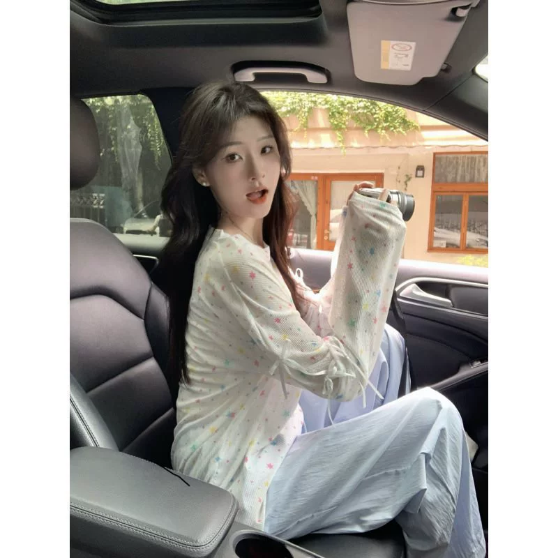 Женская футболка с длинным рукавом, летняя, тонкая, с защитой от солнца, с принтом «ленивый стерео-бантик», разноцветная, звёздная, новинка 2025 года