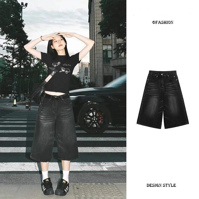 American Retro Black Denim Shorts for Women, Summer New Versatile Slim-Fit Loose Wide-Leg Straight Cropped Pants American Retro Black Denim Shorts for Women, Summer New Versatile Slim-Fit Loose Wide-Leg Straight Cropped Pants