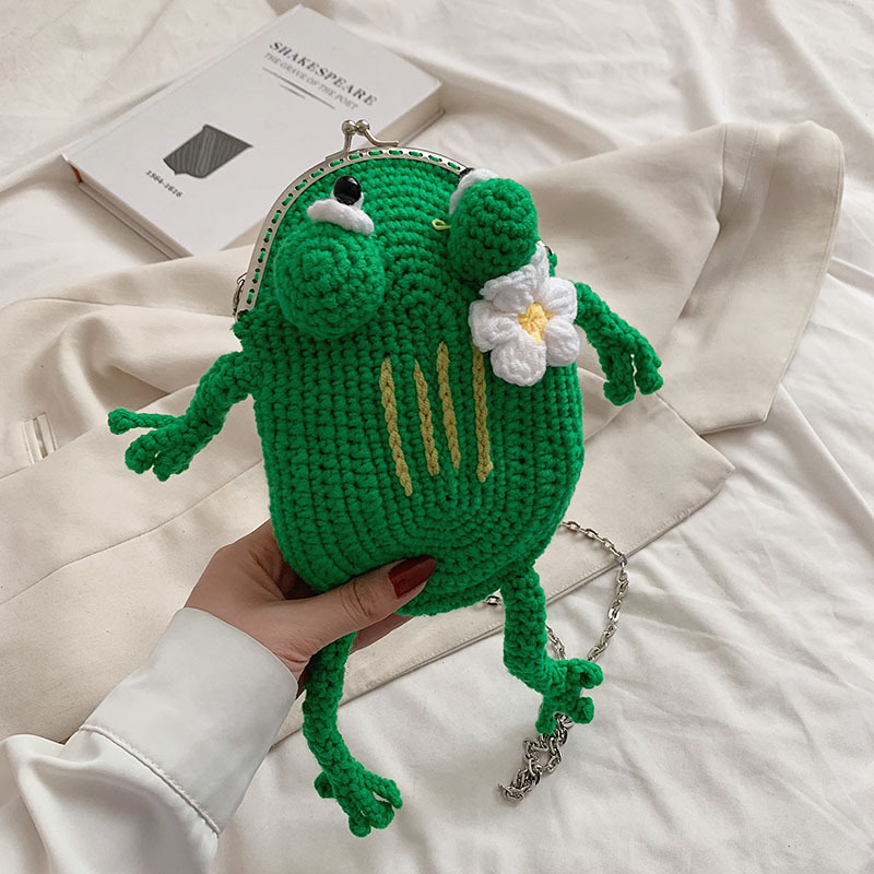 Chica de moda bolsa de mensajero de dibujos animados lindo clip de rana bolso de hombro de los niños Otoño de lana de punto bolsa de accesorios