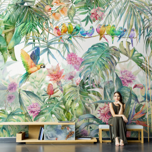 Nordic wallpaper ins Southeast subtropical rainforest flowers and birds green plant wallpaper living room TV background wall cloth