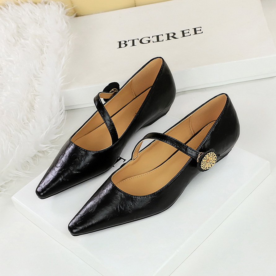 3683-5K92 Vintage Elegant Fashion Women's Shoes Shallow Pointed Toe Wedge Heel Strap Single Shoe With Round Metal_vogvips.com