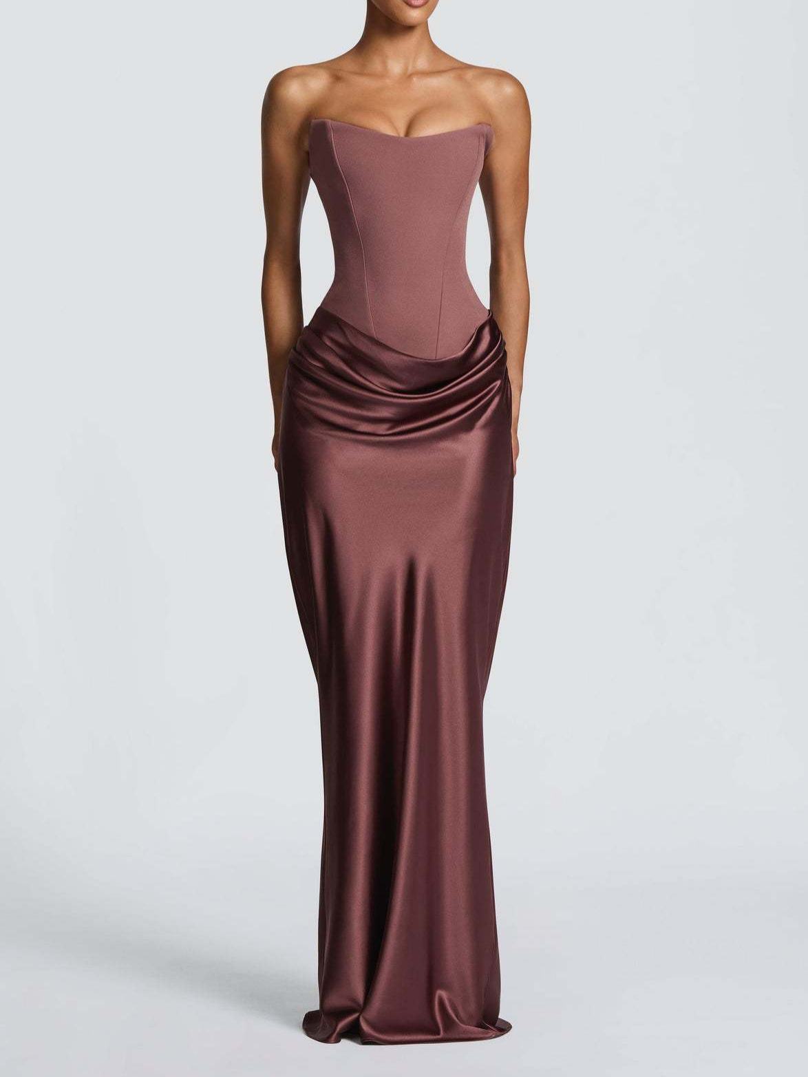 2026 European and American new style solid color waist-cinching sexy strapless bodycon long dress satin tie-back dress with ribbons
