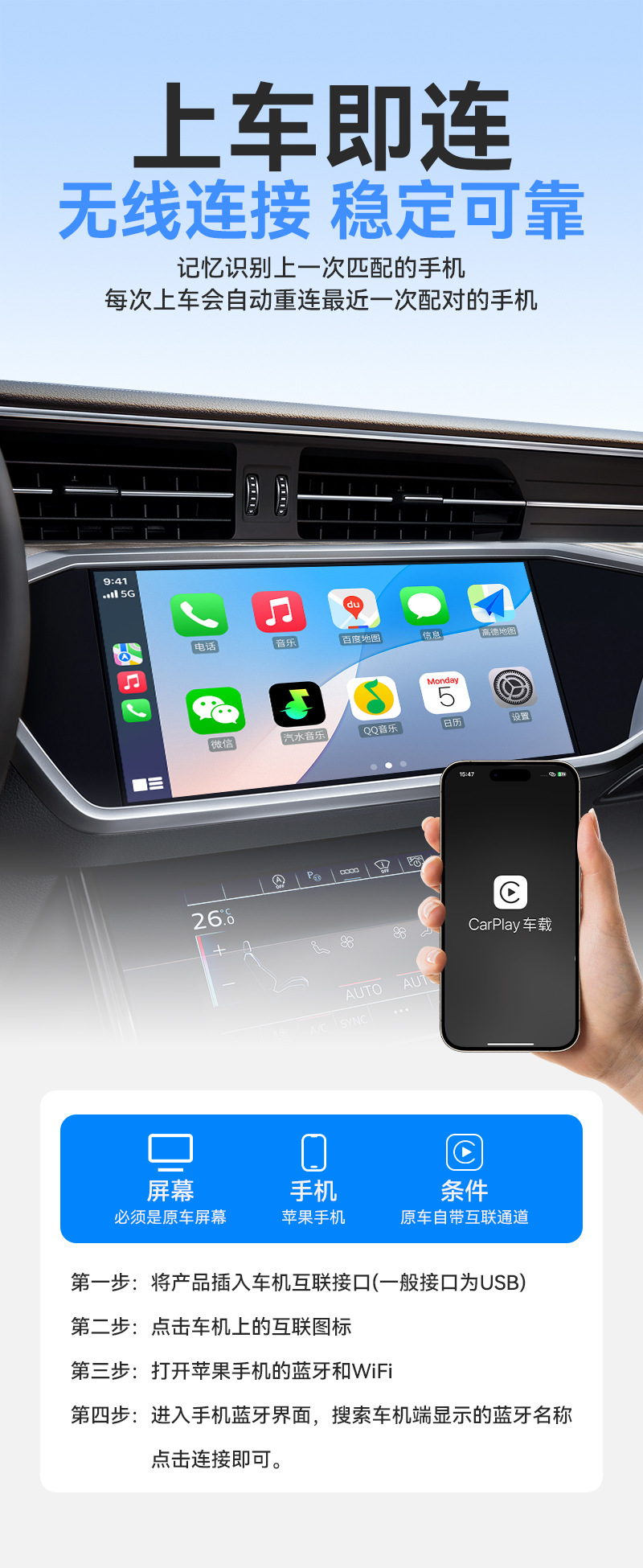 Junyong Original Car Wired to Wireless Carplay Apple Mobile Phone Suitable for Audi, Mercedes-Benz and Volkswagen Car Interconnection Box