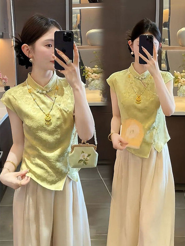 女性のための新しい中国風のスーツ 2025 夏の新しいレトロな気質ボタンシャツ + ワイドレッグパンツ|undefined