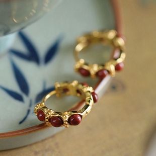 Sterling Silver Jewelry Handmade Women's South Red Agate Vintage Ethnic Style Light Luxury Niche Design Sense Earrings Ear Buckle