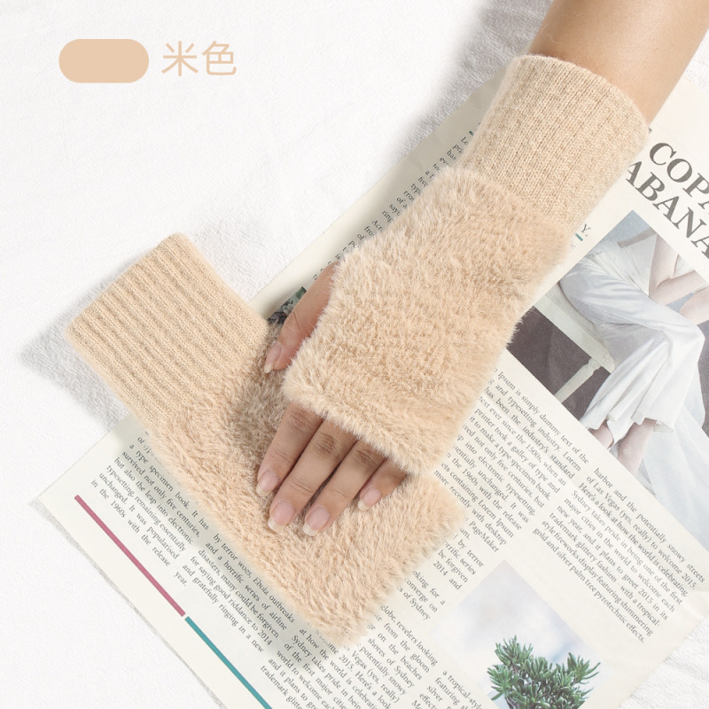 冬用ニット指なし手袋 レディース 冬用裏起毛 アウトドア保温 厚手 手書き用ハーフフィンガーグローブ タッチスクリーン対応 フェイクミンクファー|undefined