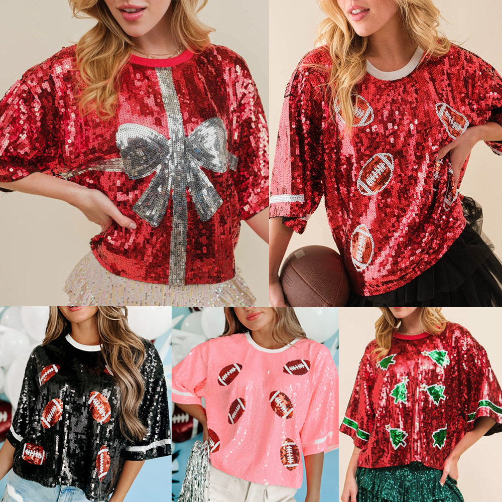 Mock Women's Simple Style Christmas Tree Rugby Half Sleeve Sequins T-Shirts display picture 1