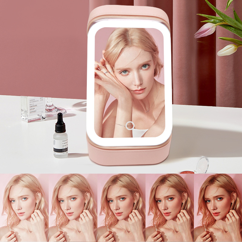 Bolsa de almacenamiento de cosméticos de espejo de una cara LED de alta calidad caja de almacenamiento a prueba de polvo de espejo de maquillaje portátil con luz