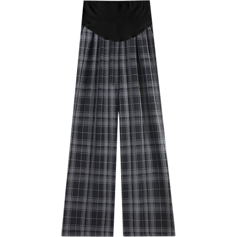 2025年秋冬向け、妊婦さん向けの裏起毛チェック柄パンツ。ゆったりとしたカジュアルで快適なハイウエストで、着痩せ効果も期待できる妊婦さん向け冬服です。