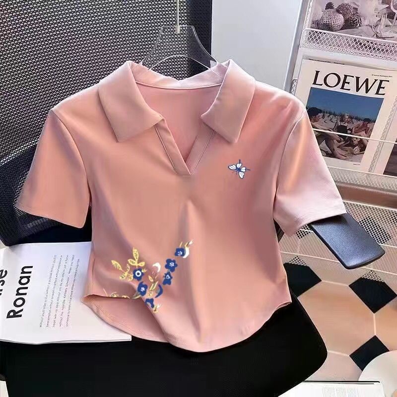 纯棉polo领夏季短袖t恤女韩版新款正肩显瘦设计ins时尚修身上衣