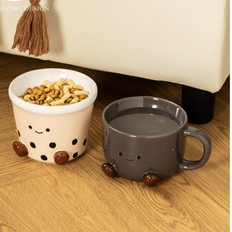 コーヒーミルクティーかわいいスタイル給水ボウルペットボウル水ボウルセラミック猫ボウルフードボウル首の保護大口径は転倒しにくい|undefined