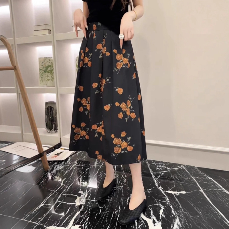 批发2025秋款百搭高腰显瘦压褶复古印花女人味半裙优雅气质A字裙|undefined